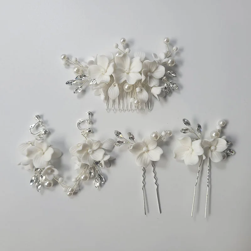 

SLBRIDAL Handmade Rhinestones Pearls Porcelain Flower Bridal Hair Comb Hair pin Earring Wedding Hair Accessories Women Jewelry