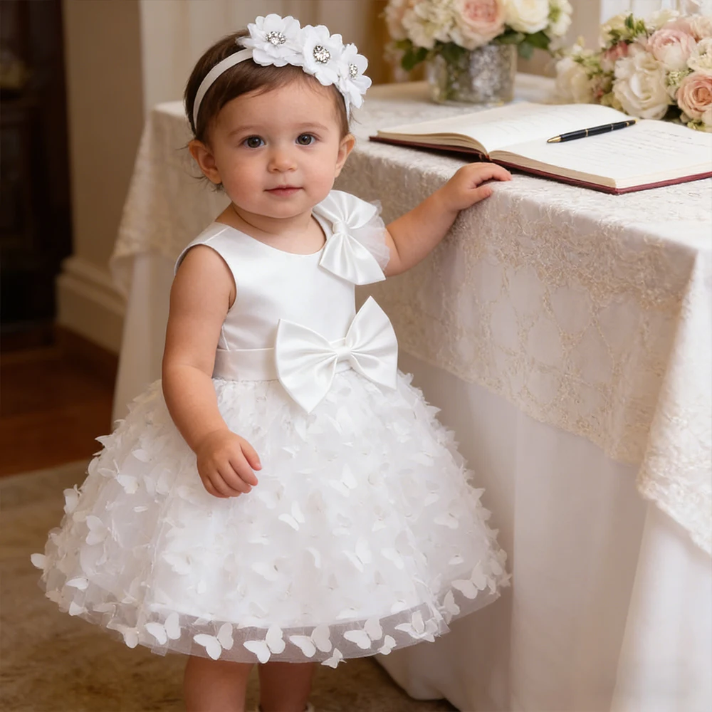 

Butterfly Embroidery Baby Dresses for 1st Birthday Girls Party Dresses Formal Baptismal White Costume Little Bridesmaid Gown