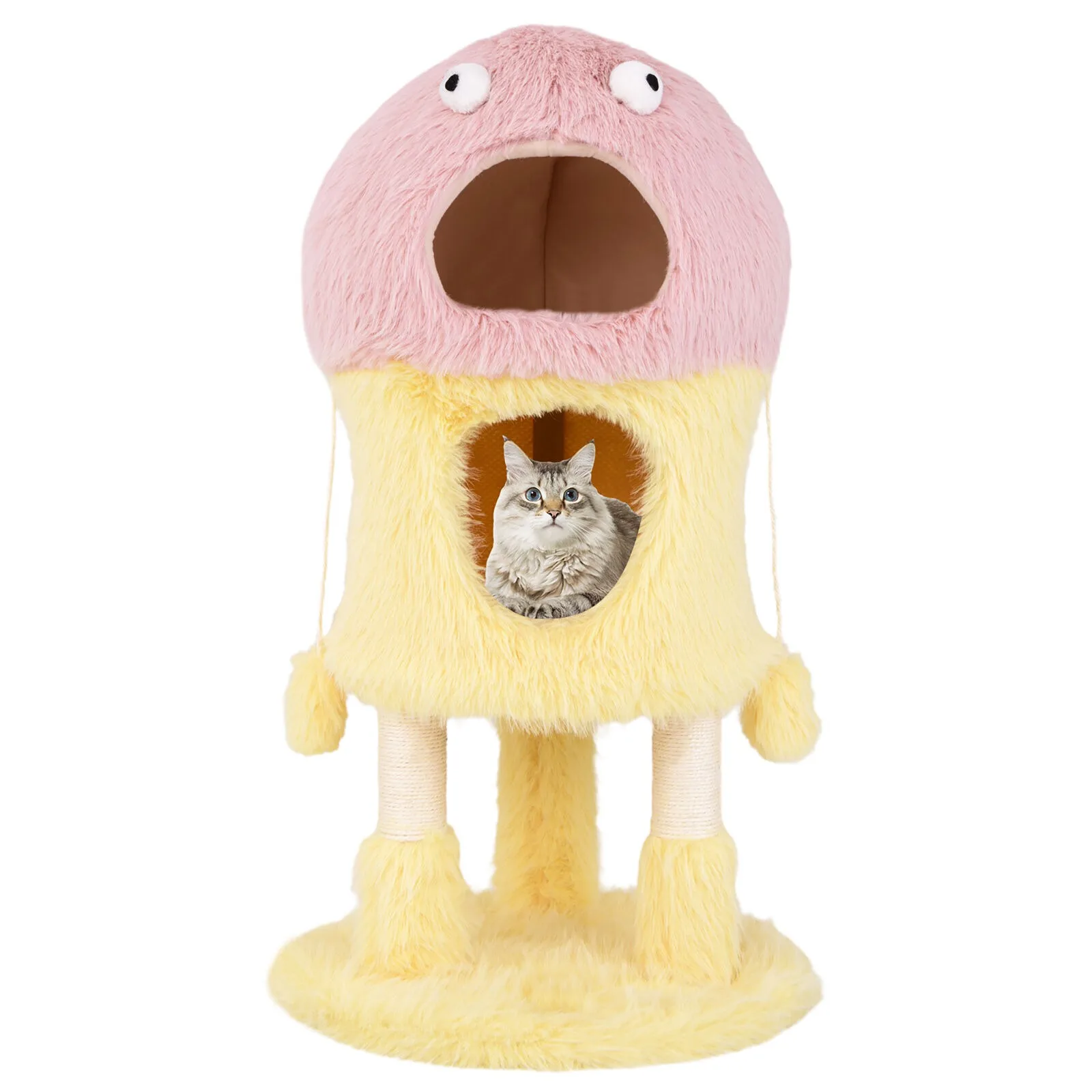 US Monster-Themed Cat Tree w/ 2 Private Condos Long Plush Sisal Scratching Posts