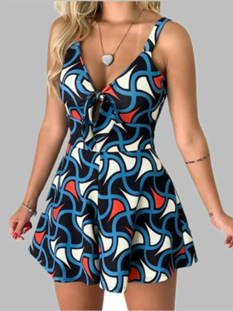 Nowy seksowny kombinezon z nadrukiem, z podwiązkami i kokardą, letnia moda, elegancki nadruk, casualowy kombinezon na wakacje i imprezy, odzież damska.