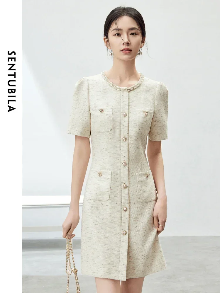 

SENTUBILA High-end Linen Blend Tweed Dress Women 2024 Elegant Fashion Lady Button Down Mini Dress Woman Summer Clothes 142L54305