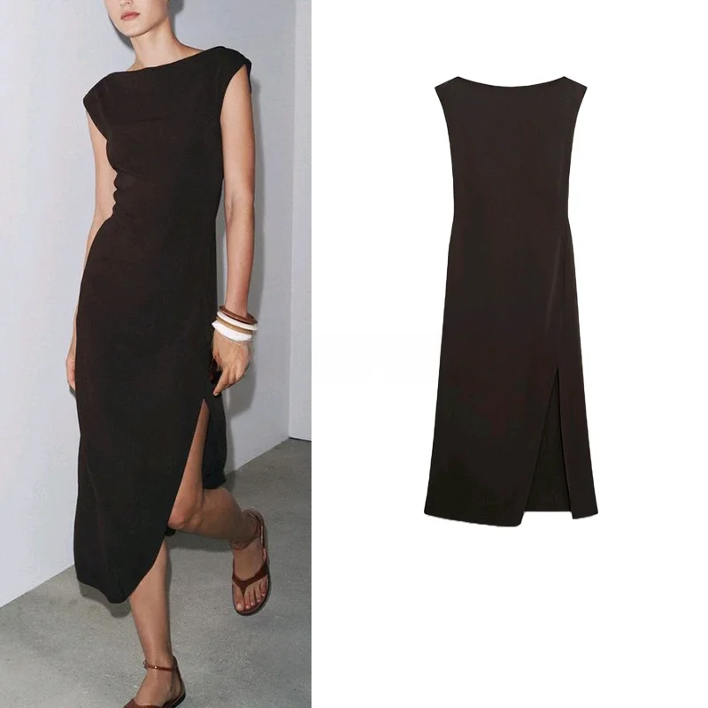 여름 새 여성 긴 원피스 드레스 드레이프 숄더 디자인 레이온 블렌드 슬림핏 보트 넥 민소매 3332376