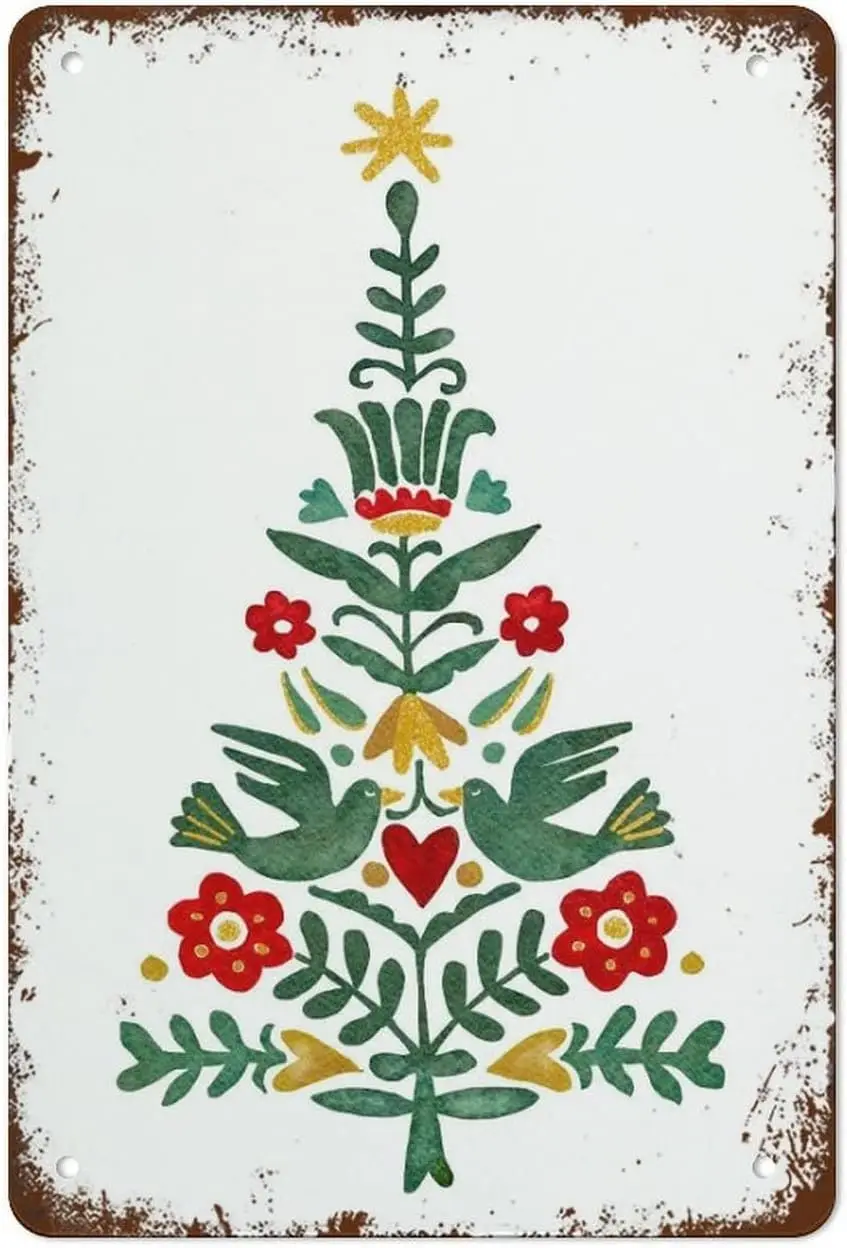 Scandinavian Christmas Metal Signs Watercolor Christmas Tree Tin Poster Christmas Decoration Holiday Deco, Norwegian Folk A sign