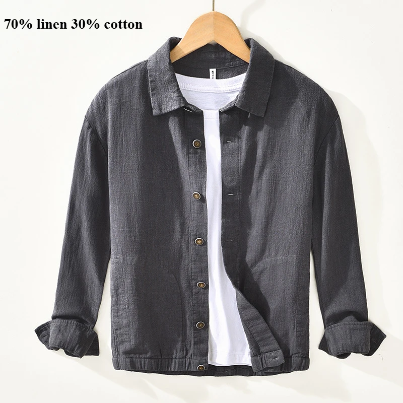 70% linen, 30% cotton, autumn solid color jacket, breathable, sweat-wicking loose-fitting casual daily commute shirt.