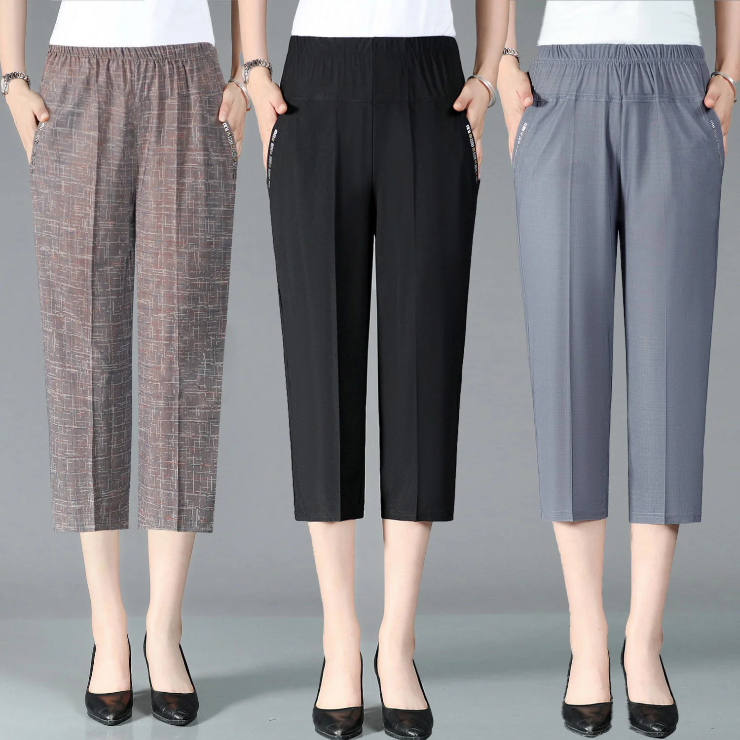 

Middle Aged And Elderly Women's Pants Casual Elastic High Waisted Solid Color Calf-Length Pants Female 3/4 Trousers