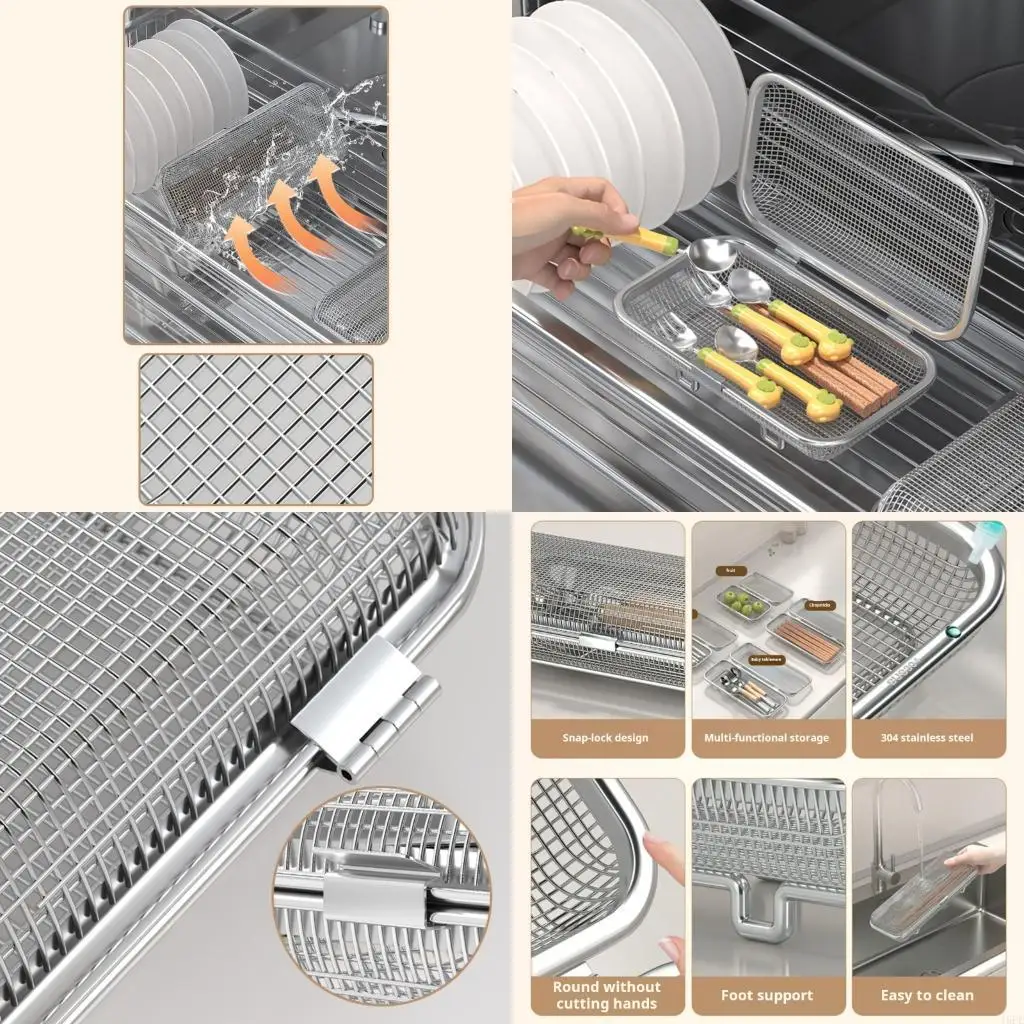 J6PE Dishwasher Utensil Basket 304 Stainless Steel Rectangular Mesh Drain Dishwasher Silverware Holder for Chopsticks Small
