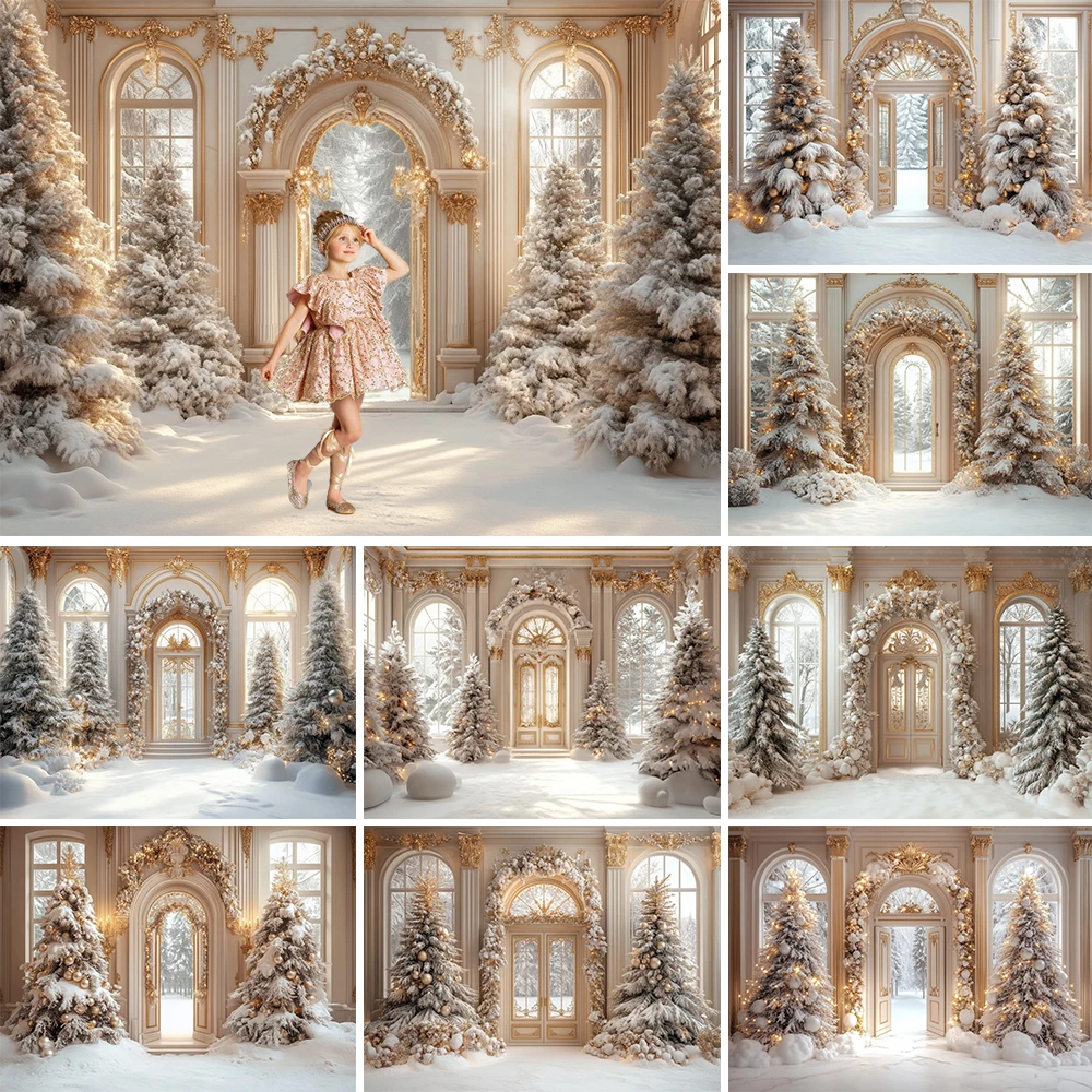 

Christmas Photography Background Gold Palace Arch Door Glitter Xmas Tree Snowy Backdrop Kid Family Maternity Winter Photobooth