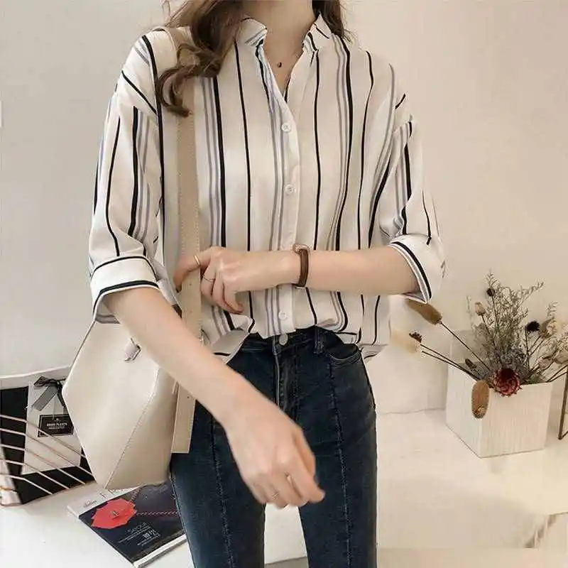 

Loose Large Size Striped irt Women's Teequa New Sle Cotton Long Sve Knot Ruche Detail Straight Cut irt