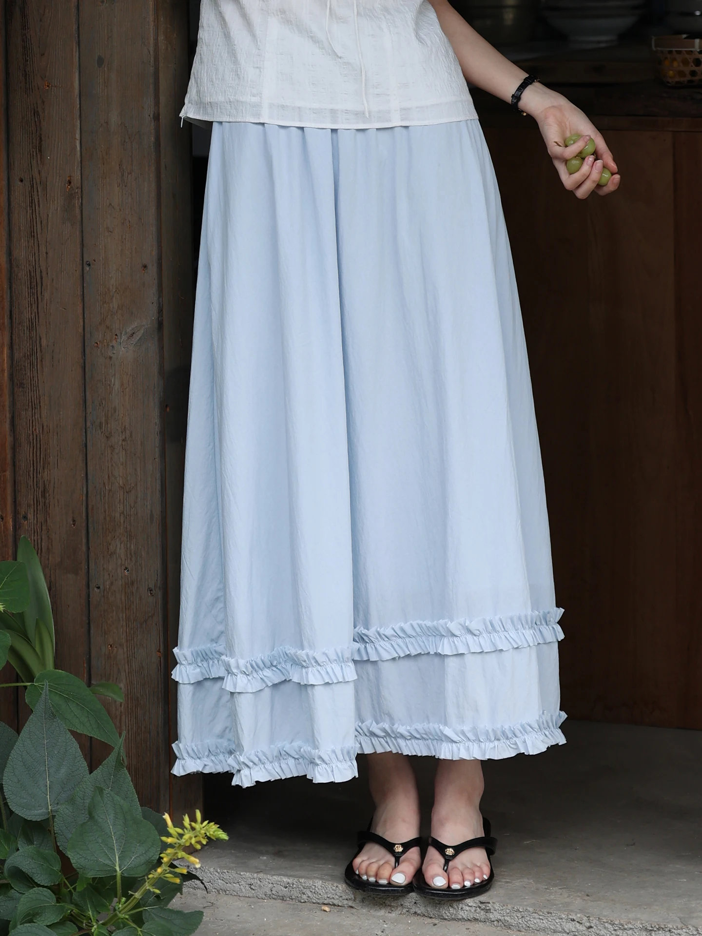 

MUNNS2025SS Women's A-Line Midi Skirt Elastic Waist Wood ain Pleated Slimming High Waist Long Skirt Summer Collection