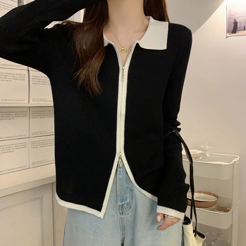 Autumn Women's Knitted Cardigan Polo Collar Coat Color Collision Sweater Solid Slim Jumpers Zipper Long Sleeve Female's Clothing