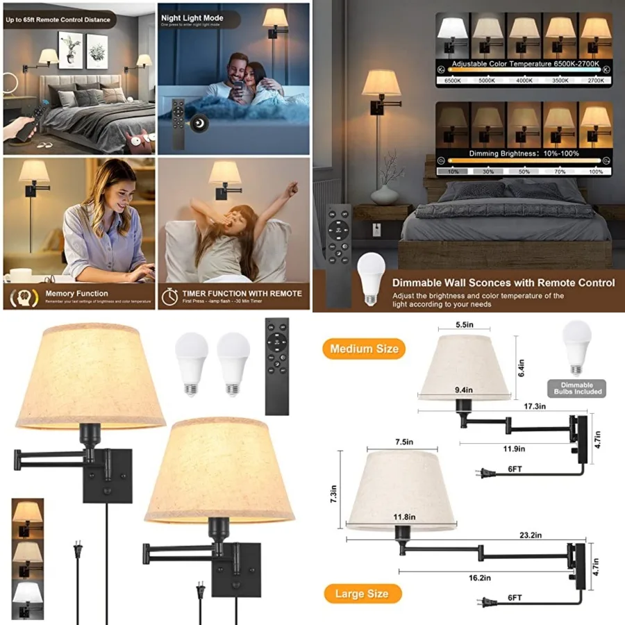 Wall Sconce Plug in, Remote Control Dimming 10-100% and Adjustable Color Temperature 2700K-6500K Swing Arm Wall Lights with Plu