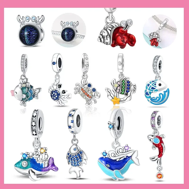 

Оригинальные 100% стерлингового серебра 925 пробы, светящиеся бусины в форме ракушки, подвески в виде краба и осьминога, подходят для оригинального браслета, изготовление ювелирных изделий своими руками, женский подарок