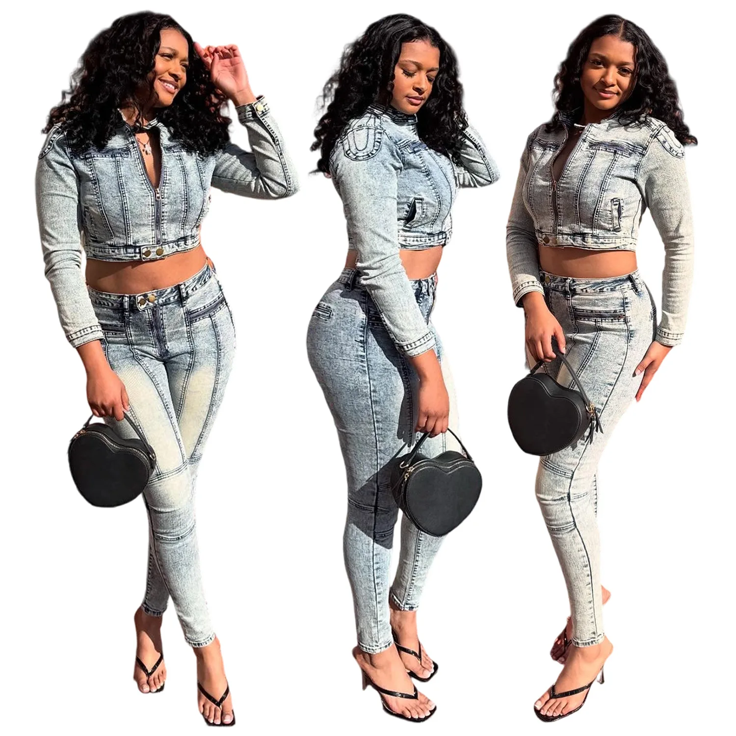 

Fall Winter Fashion Slim Long Sleeves Stretch Denim Jacket And High Waist Jeans Pants Casual Two Piece Sets Women Jacket Set
