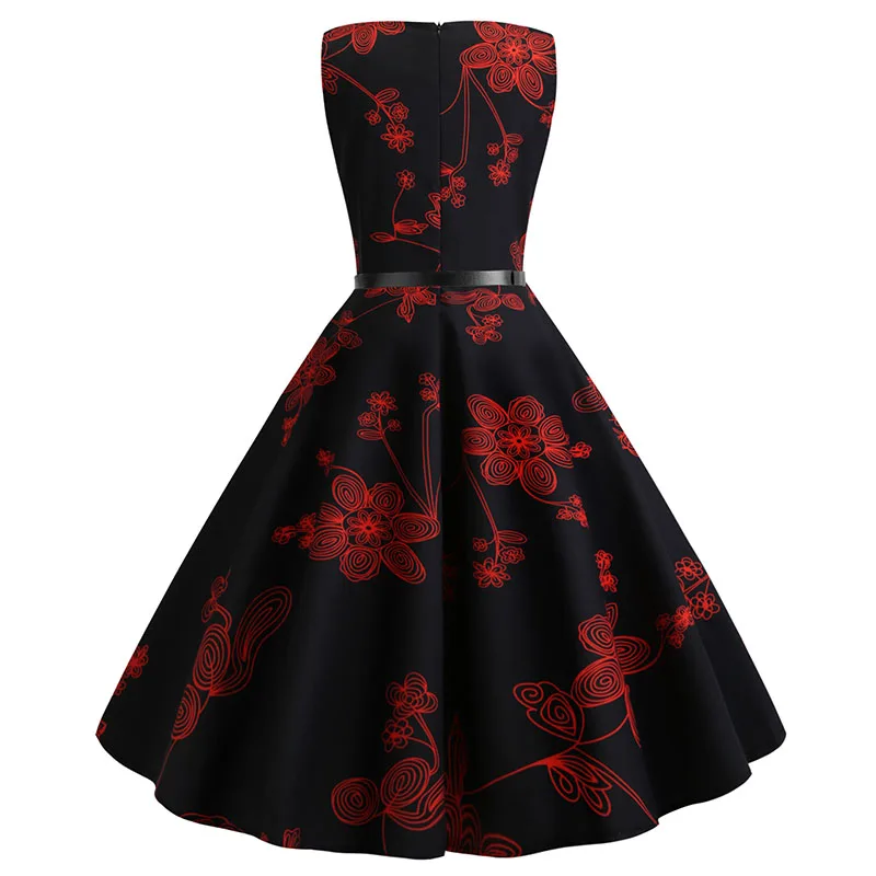 Letnie sukienki damskie Casual Floral Printed Sleeveless High Waist Retro Vintage Party Dress With Belt