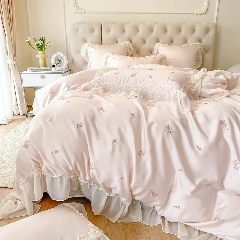 

Pink French Style Princess Bedding Set Rose Embroidery Lace Ruffles Lyocell Fabric Soft Silky Duvet Cover Bed Sheet Pillowcases