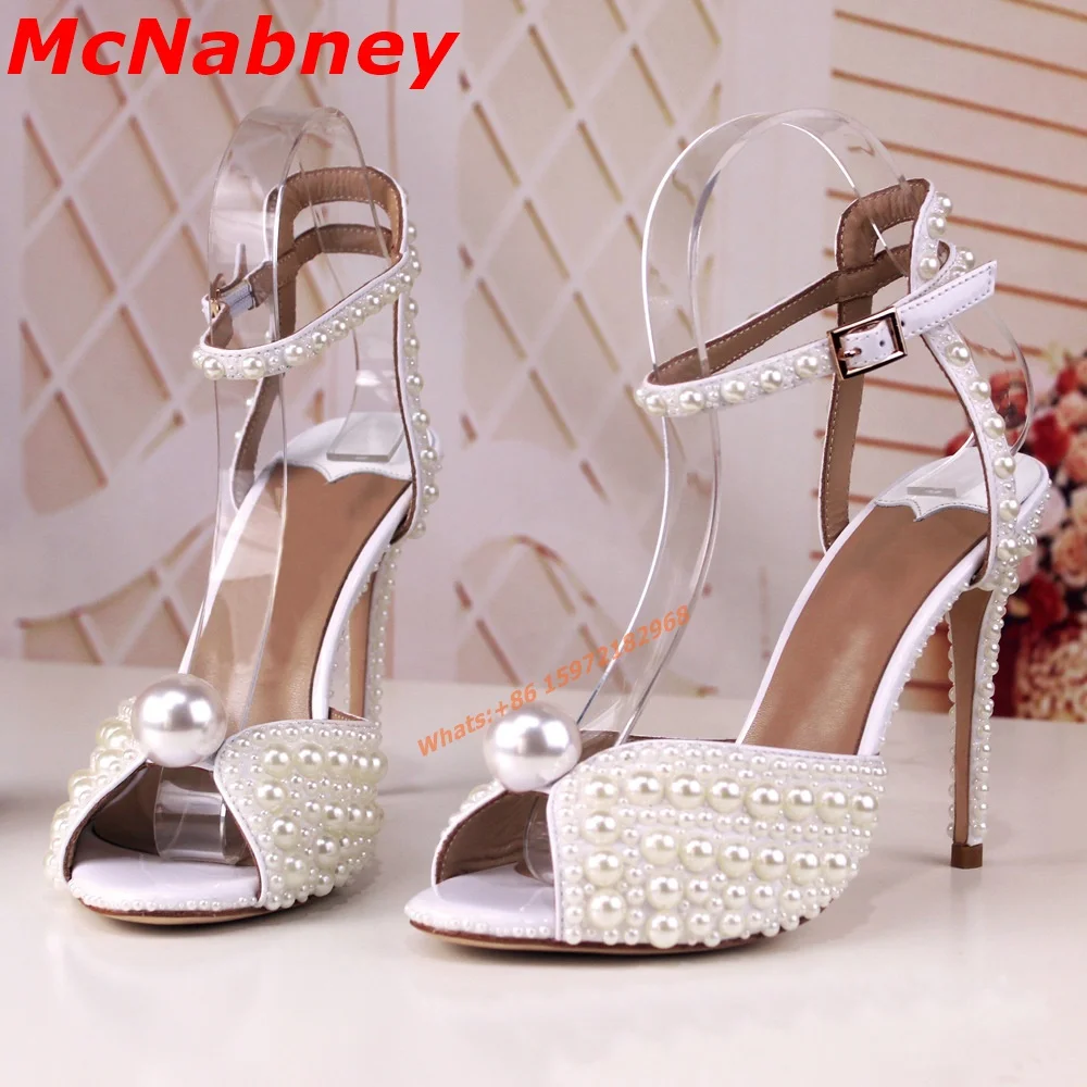 

New Style Pearl Sandals Peep Toe Handmade Solid Milk White Women Shoes Ankle Buckles Straps Thin High Heel Wedding Sandals