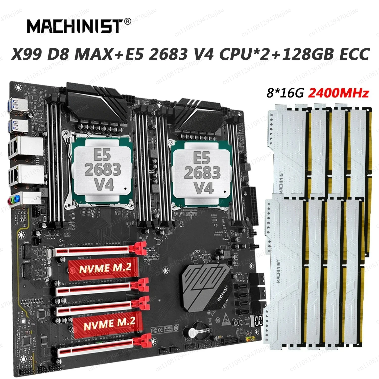 MACHINIST X99 D8 MAX Dual CPU Motherboard LGA2011-3 Combo Kit with Xeon E5 2683 V4, 128GB DDR4 RAM, NVMe M.2 SSD