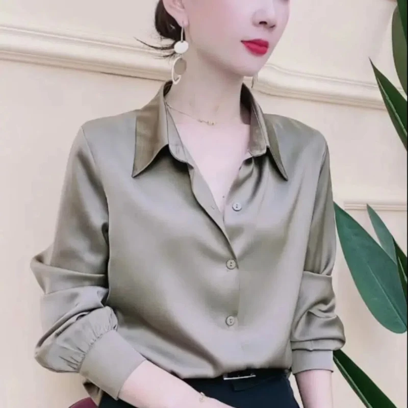 Korean Commute Spring Autumn New Satin Blouses Women\'s Polo Neck Solid Button Loose Ruched Long Sleeve Casual All-match Shirts