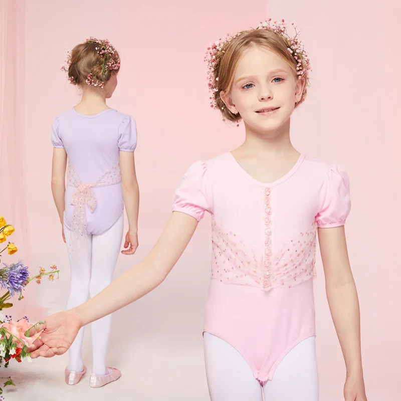 Vêtements de danse de Ballet pour enfants filles, justaucorps de gymnastique, Costume de danse Bailarina, sangle en maille au dos, manches courtes, danse en dentelle