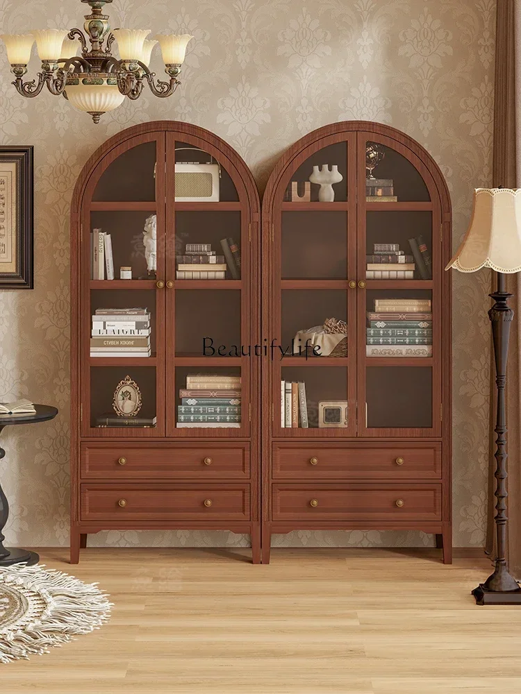 

56American Retro Brown Solid Wood Arched Dustproof Bookshelf Storage Display Cabinet