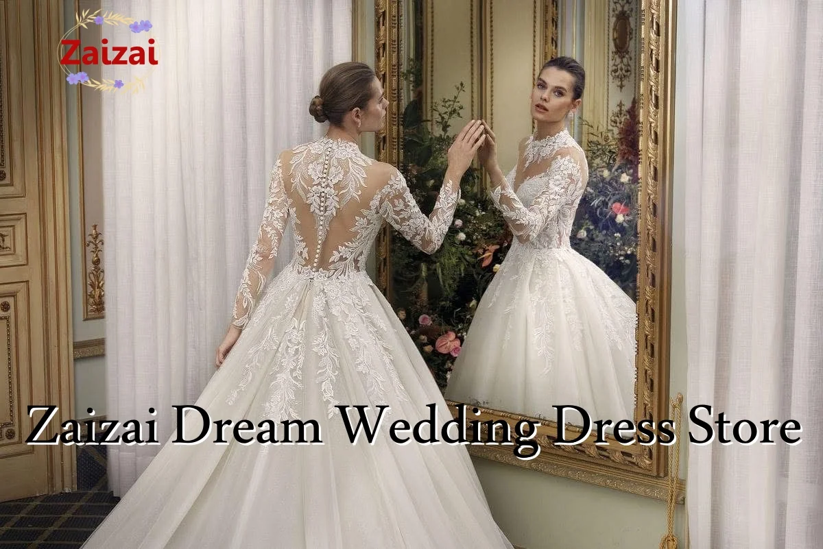 Customzied Elegant O-Neck Buttons Up Back Long Sleeve Sequins Appliques A-Line Bridal Wedding Dress Vestido De Noiva