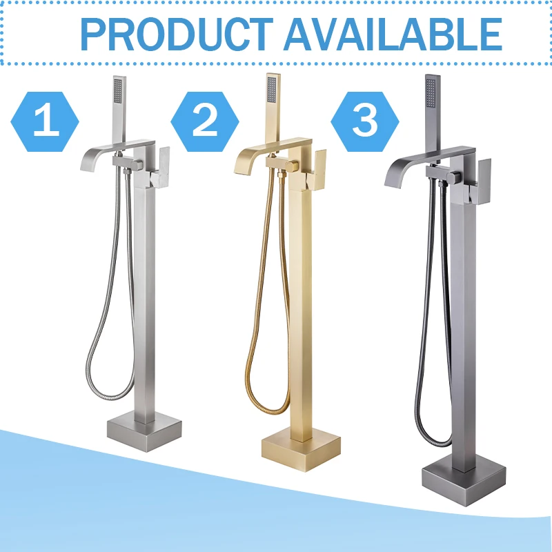 

Brass Standing Bathtub Faucet Dual Functions Single Key Control Brushed Gold Bend Waterfull Spout Grey Independent Faucet