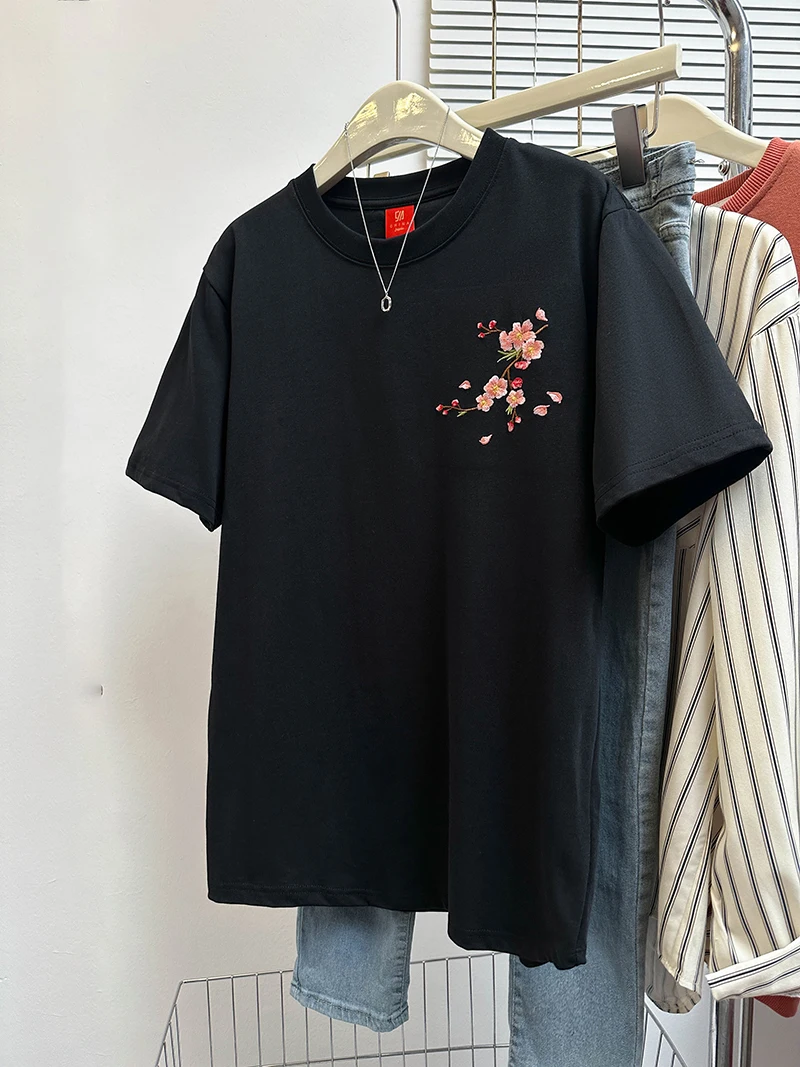 Camiseta Extra Grande de 300 Pou, Súper Hermosa y Única, Camiseta Holgada con Bordado Pesado para Mujer, para el Verano de 2024