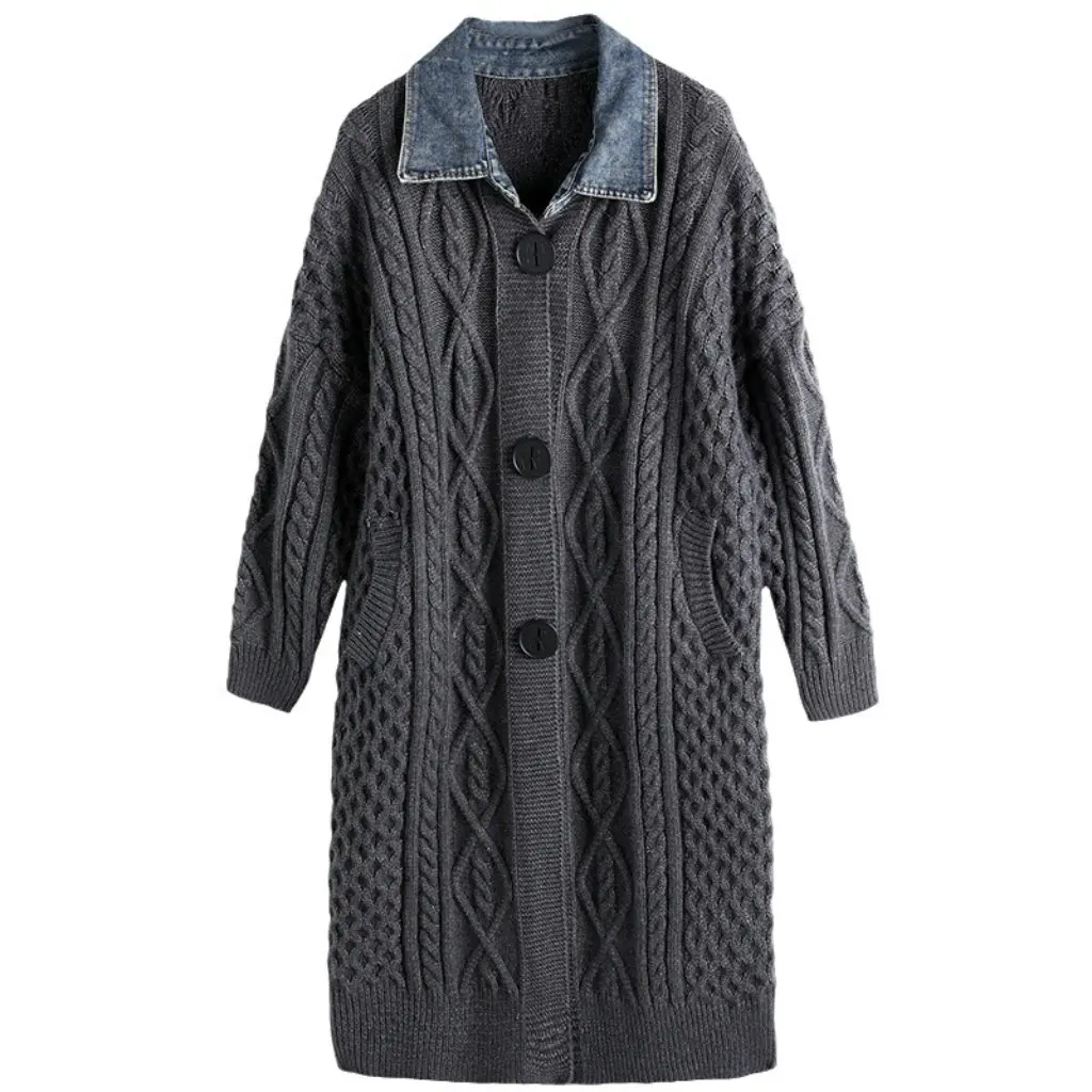 

New Women's Knitwear Cardigan Autumn Winter Outer Lapel Mid-Length Over-The-Knee Trendy Knitwear Jacket for Ladies
