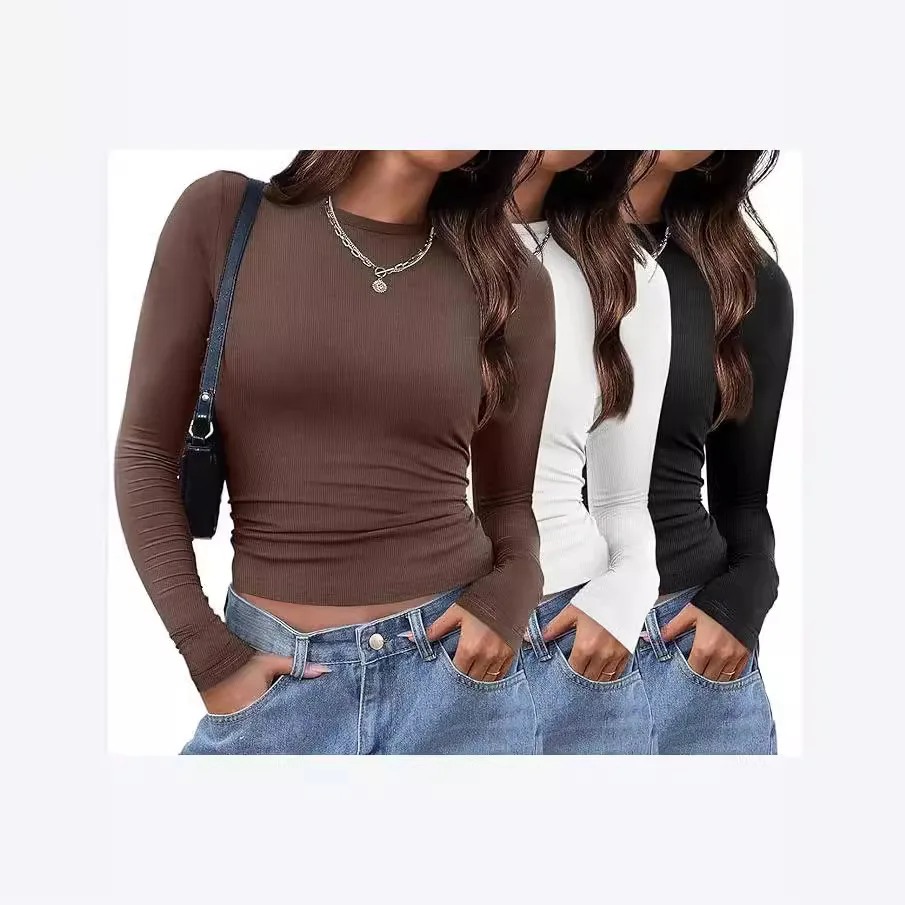 

Женская модная футболка-пуловер с длинным рукавом и круглым вырезом, облегающая, однотонная, для повседневной носки весной и летом