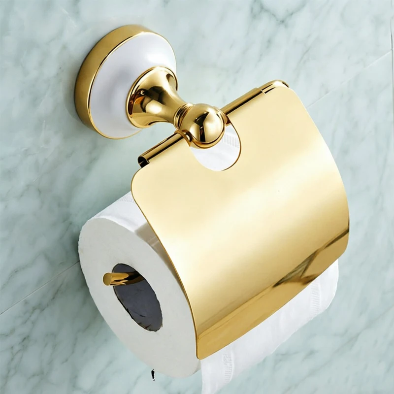 Gold Stainless Steel Wall Mount Toilet Paper Holder - White Porcelain Bathroom Roll Accessory