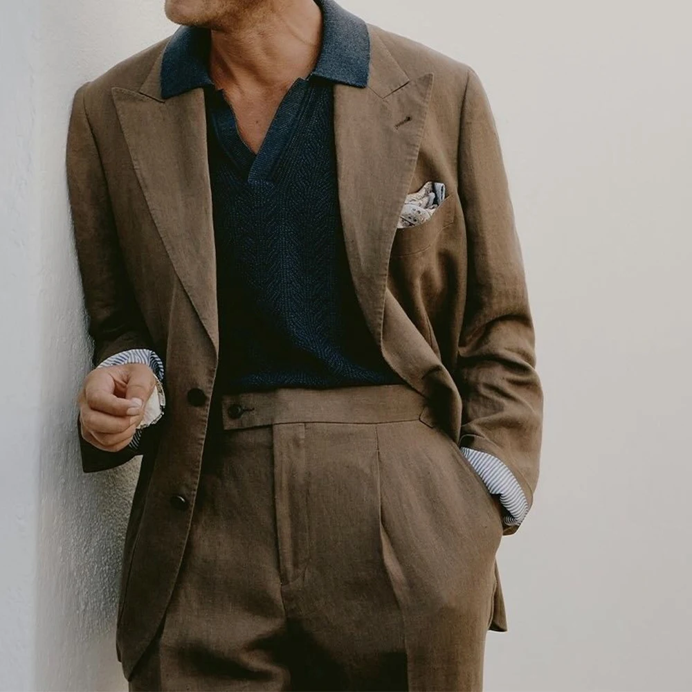 

Men Cotton Linen Suit Set 2 Piece Single Breasted Slim Fit Business Suit Casual Elegant Comfortable Formal Blazer Pants Outfit M