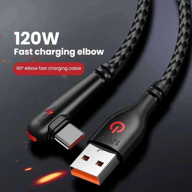 90° Elbow Super Fast Charging USB Type-C Cable For iPhone 15 16 17 Xiaomi Redmi POCO Huawei Honor Quick Charge Braided Cable