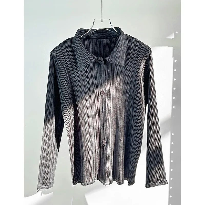 Miyake Japan Plissee-Shirt für Damen, 2026, neues Revers, einreihig, einfarbig, langärmelig, vielseitige Oberteile, Außenjacke, Kleidung