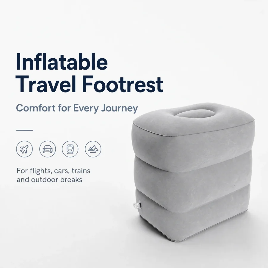 Travel Inflatable Footrest 3 Height Adjustable Thick PVC Anti-slip Leakproof Foldable Leg Cushion for Car Seat Airplane Train