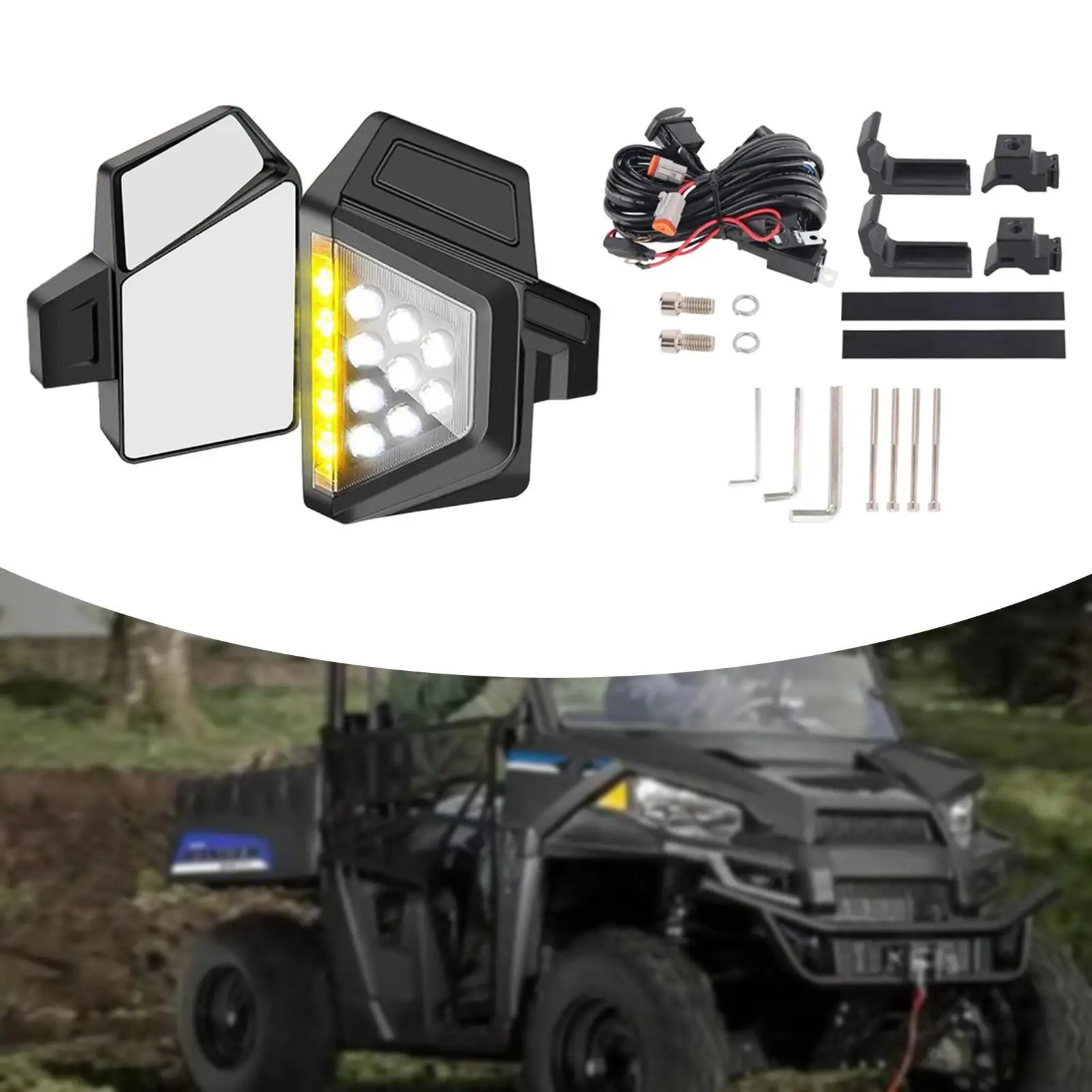 

Generic UTV Side Mirror Set Fit 1-2" Roll Bar Cage Side Mirrors Lights Replacement Universal 51W Integrated LED Easy to Install