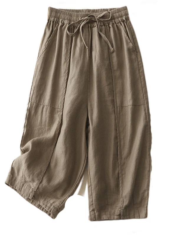 Pantalones informales de pierna ancha para mujer, pantalones holgados de verano con cintura elástica, mosaico 3D de algodón y lino, pantalones de calabaza de siete cuartos