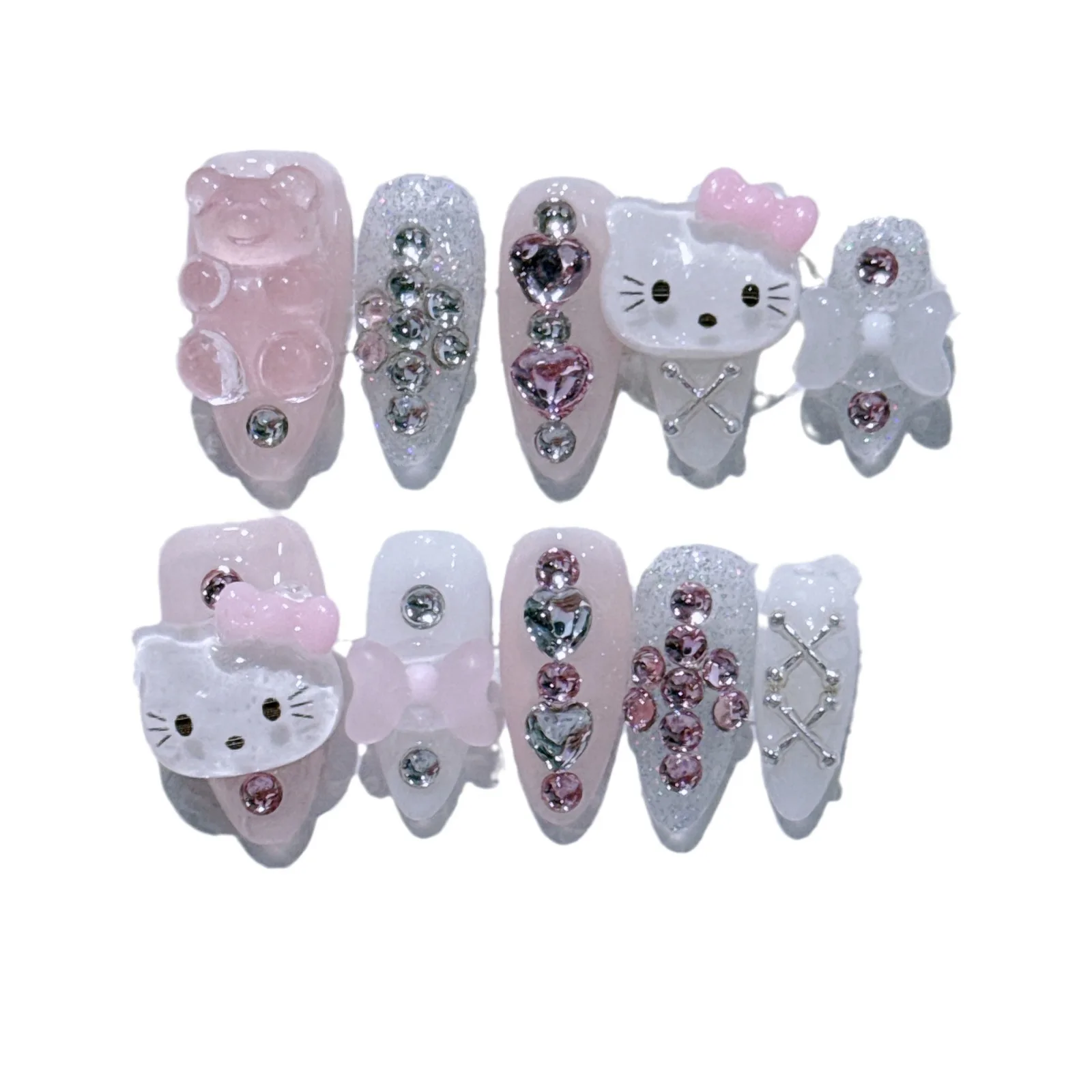 Pink and Tender Hello Kitty Sweet and Cool Y2K Hot Girl Little Bear Wearing Shiny Diamonds Detachable Party Nail Art Girl Gift