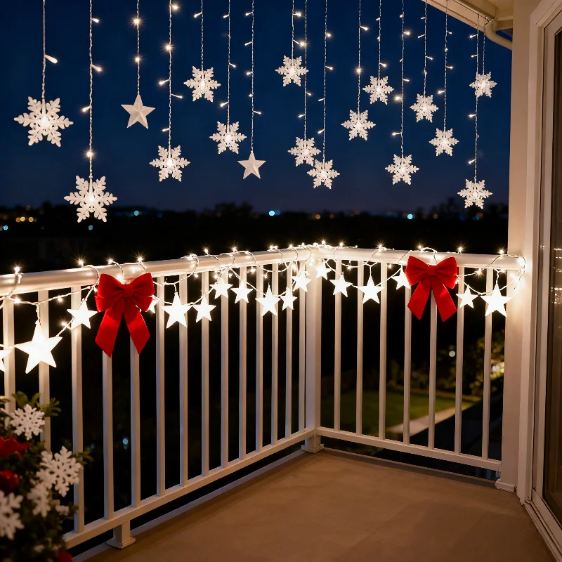 سلسلة إضاءة لتزيين فناء شجرة عيد الميلاد LED، أضواء جو الحفلات الاحتفالية للإبداع، أشكال نجمة مخروطية الثلج على شكل ندفة الثلج