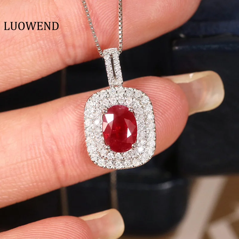 

LUOWEND 18K White Gold Pendant Natural Ruby Necklace Romantic Style Diamond Jewelry for Mom Birthday Anniversary Gift