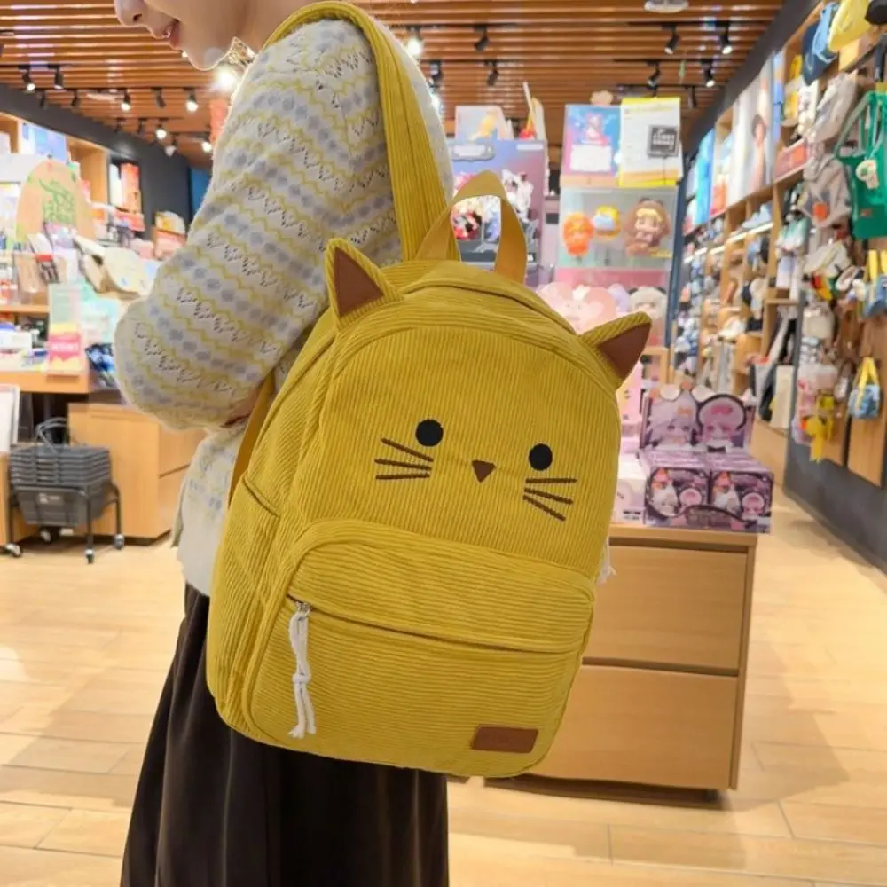 Niedlicher Süßer Cartoon-Katzen-Rucksack, mehrfarbig, minimalistisch, aus Cord, große Kapazität, strapazierfähig, Schultasche für Schüler, Geschenk – Detail 7