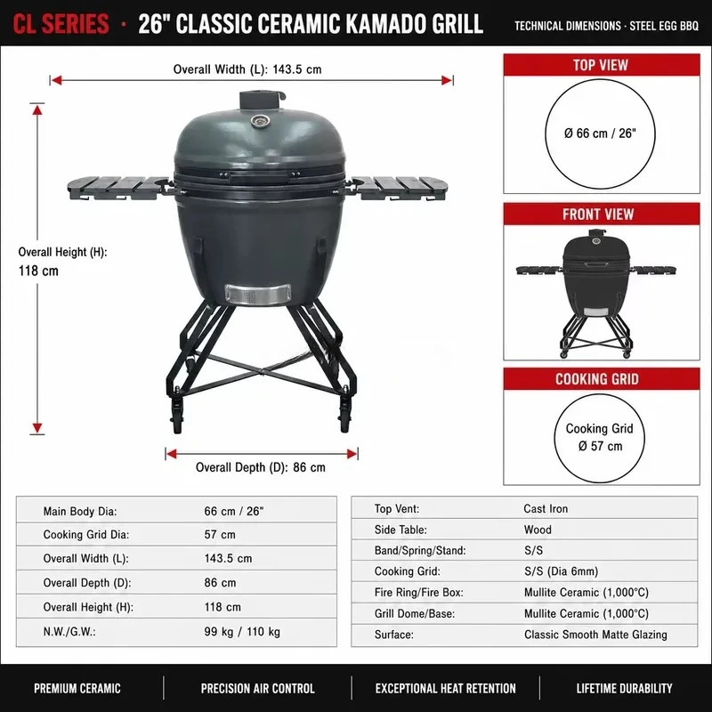 FOR SEB KAMADO 26 Inch Ceramic Charcoal Grill BBQ Smoker Heavy Duty High Heat Retention Professional Freestanding Family Cooker