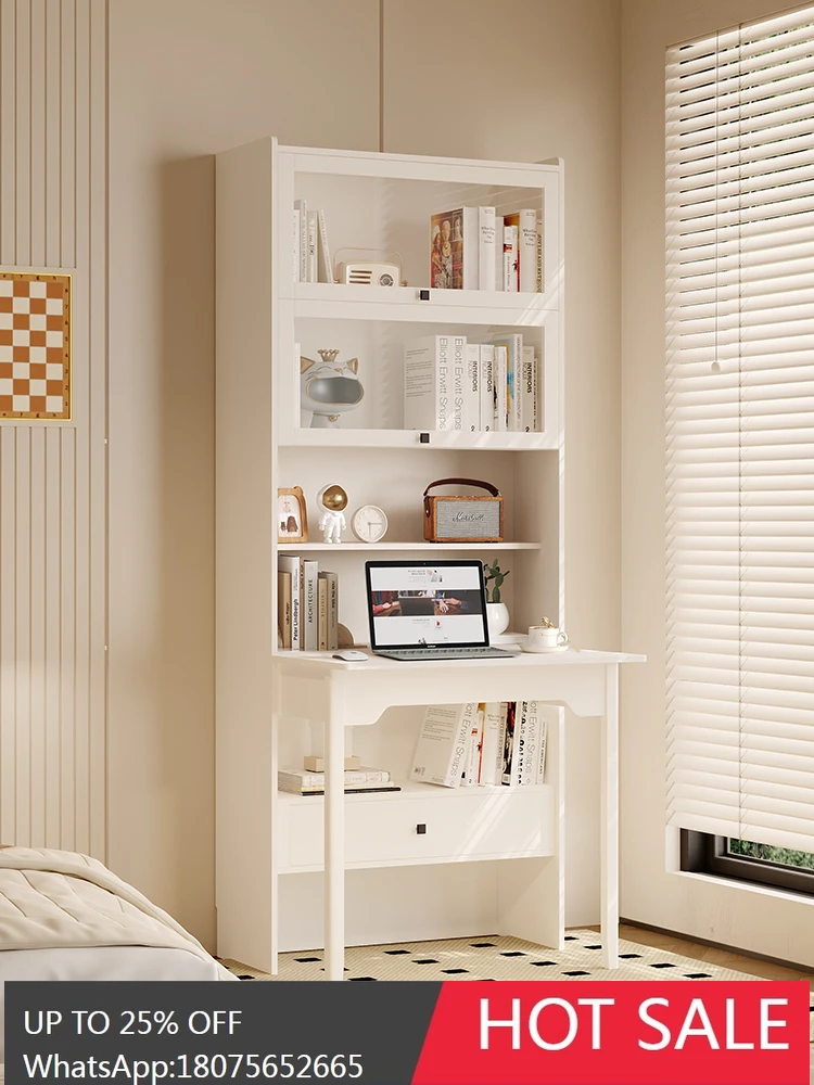 MJY solid wood folding integrated bedroom household cream white computer desk bookcase combination