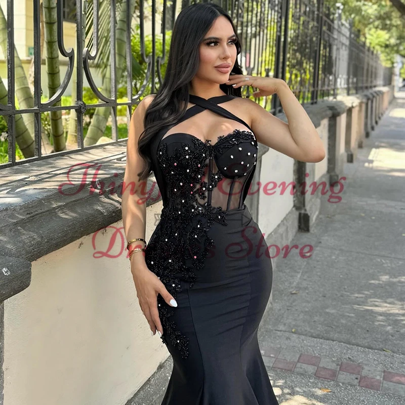 Thinyfull Black Mermaid Prom Evening Dresses Sweetheart Beadings Satin Party Dress Formal Night Cocktail Prom Gowns Custom Size