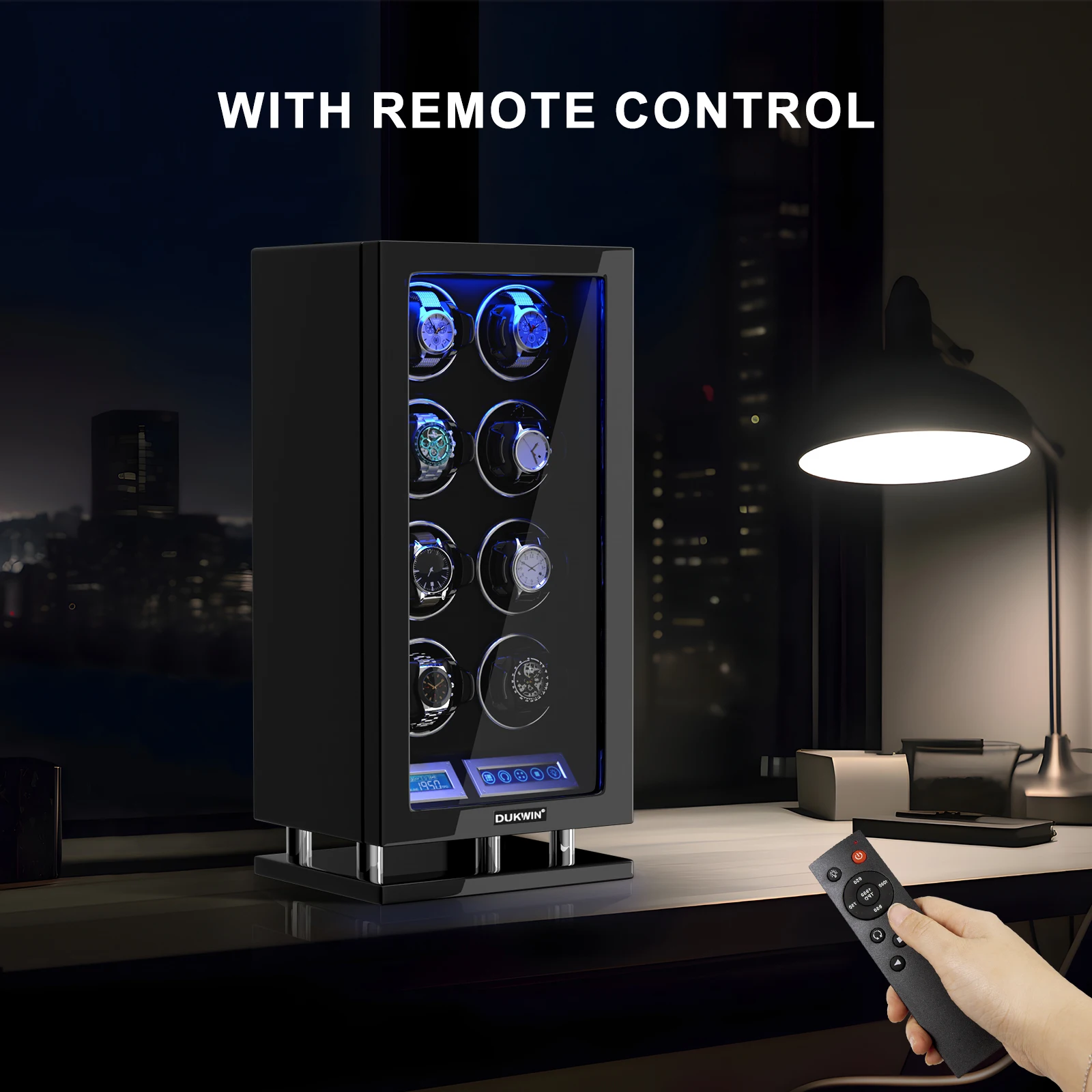 Kotak Penyimpanan Penggulung Jam Otomatis untuk 8 Jam Tangan, Buka Kunci dengan Sidik Jari dengan Motor yang Tenang dan Lampu LED.