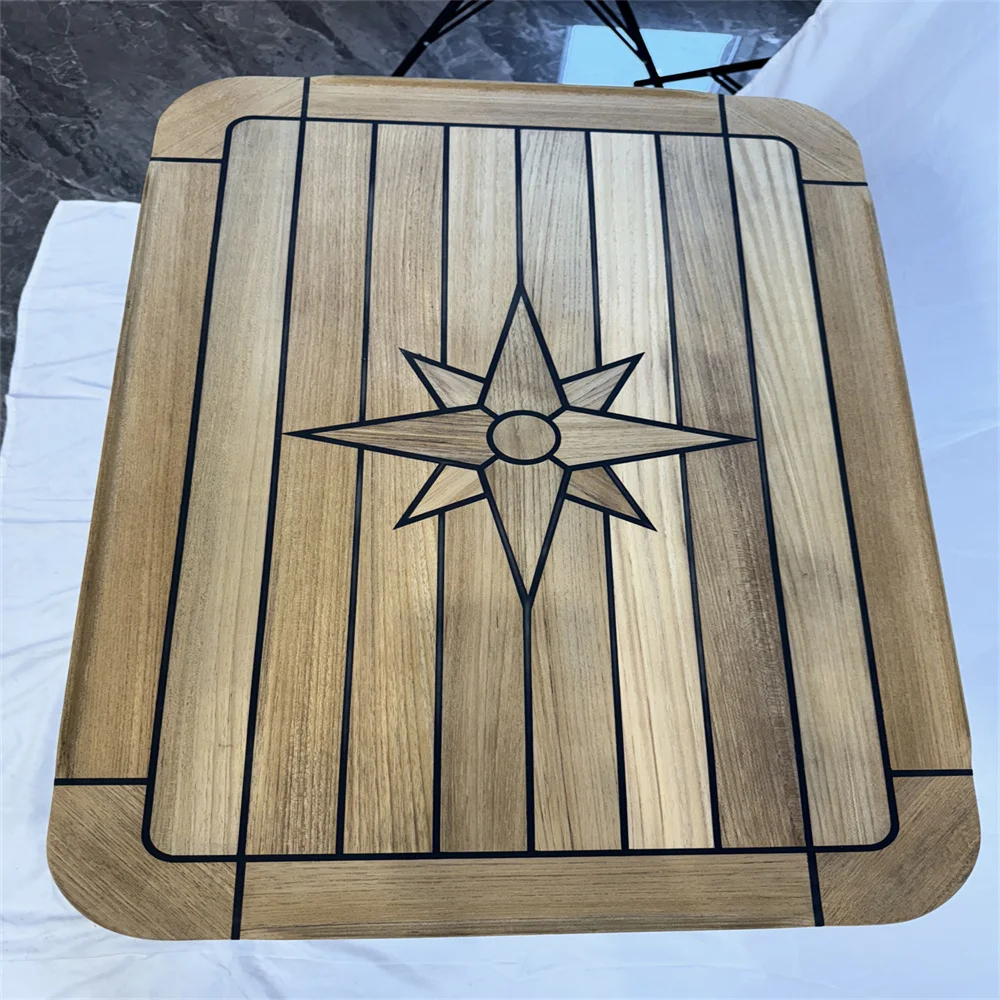 Boat Rectangular Teak Table Top 510x750mm,20.0x29.5 Inch Star Inlay Round Corner Marine Yacht RV TTR5075