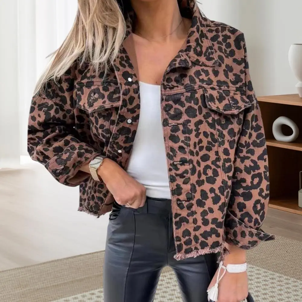 

Spring Fall Women Jacket Leopard Pattern Turn-down Collar Single-breasted Outerwear Washed Distressed Ripped Hem Lady Denim Coat