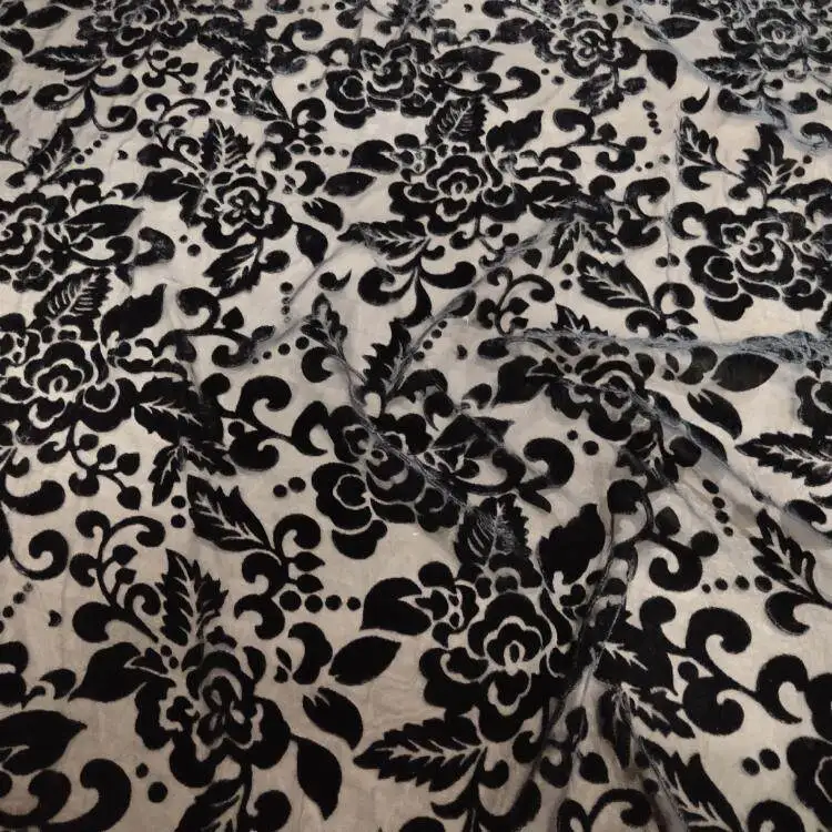 

Elegant Black Floral Burnout Velvet Fabric Sheer Mesh with Rose Pattern for Dress, Lingerie & DIY Sewing