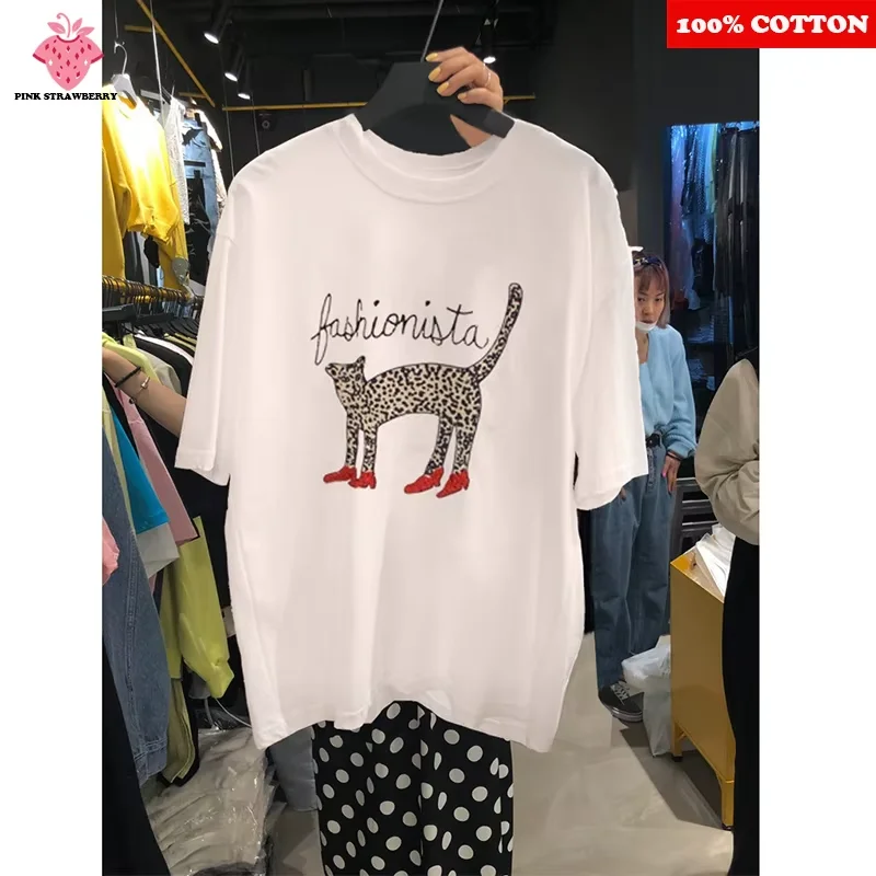 

Корейская женская футболка с животным принтом, лето 2025, новинка, повседневная футболка из 100% хлопка с короткими рукавами Y2k, топы, такса, каваи, женская одежда