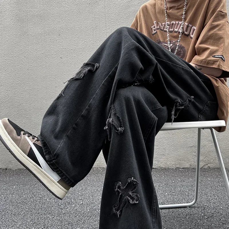 

Fashion Brand Men's Hole Ripped Jeans Distressed Hip Hop Straight-leg Male Denim Pants Baggy Casual Male Trousers 2023 Z111