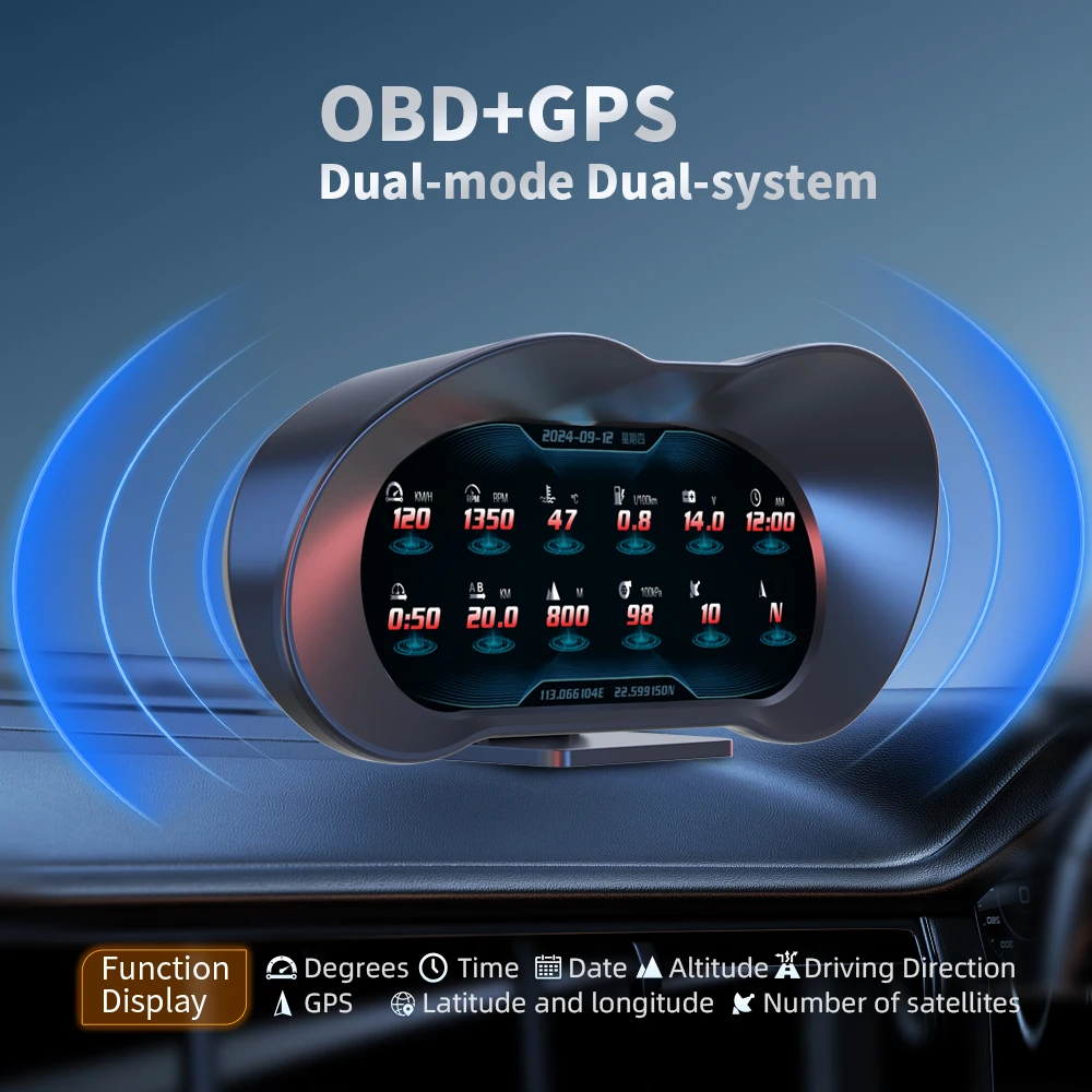 AD OBD+GPS Car Head Up Display Turbine Gauge Slope Meter Large Screen LCD HUD Car Speedometer OBD2 Digital On Board Computer P5